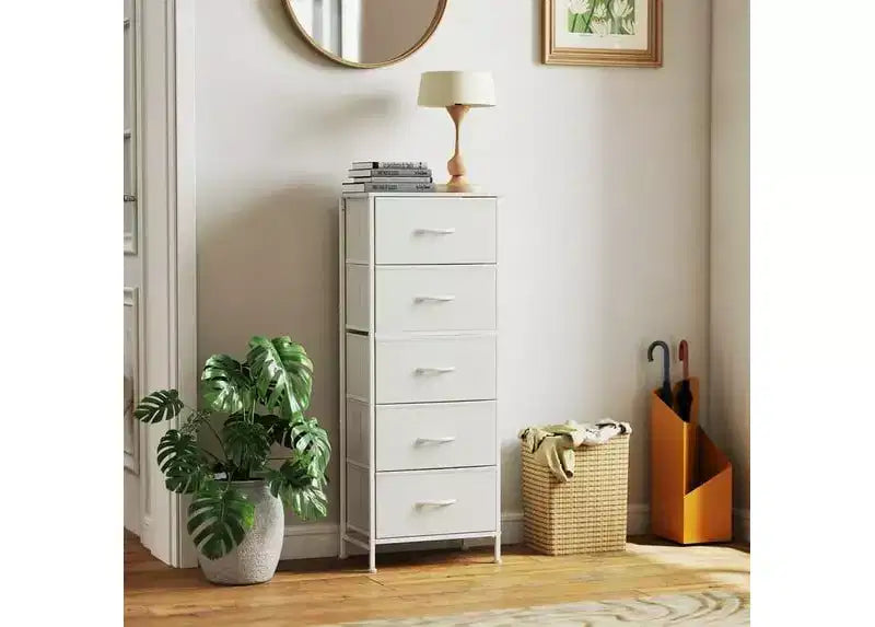 JIONJOY Commode en tissu à 5 tiroirs - Cadre en métal, plateau en bois, meuble TV pour rangement de vêtements (salon, couloir, entrée)