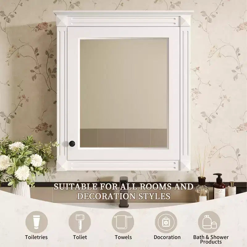 MAYEERTY 27 Armoire de rangement murale pour salle de bain avec miroir, armoire à pharmacie avec étagère réglable en hauteur, blanc