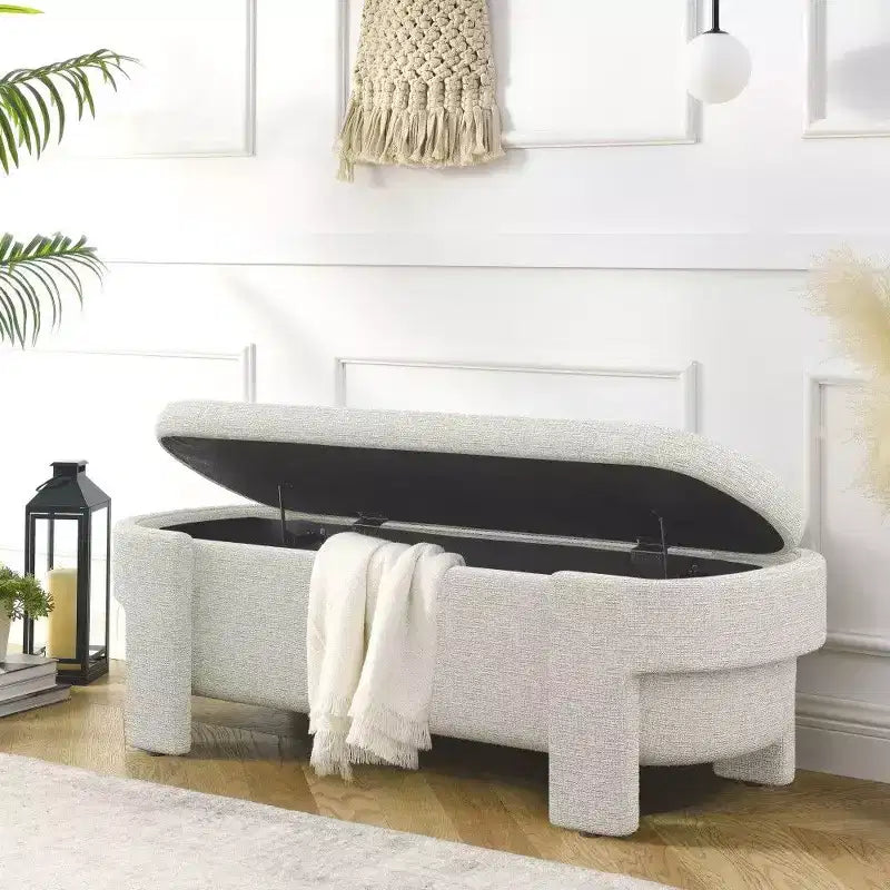 Banc de rangement ovale TUYOHW, banc de bout de lit en lin de 51,5 pouces, ottoman pour salon, chambre, entrée