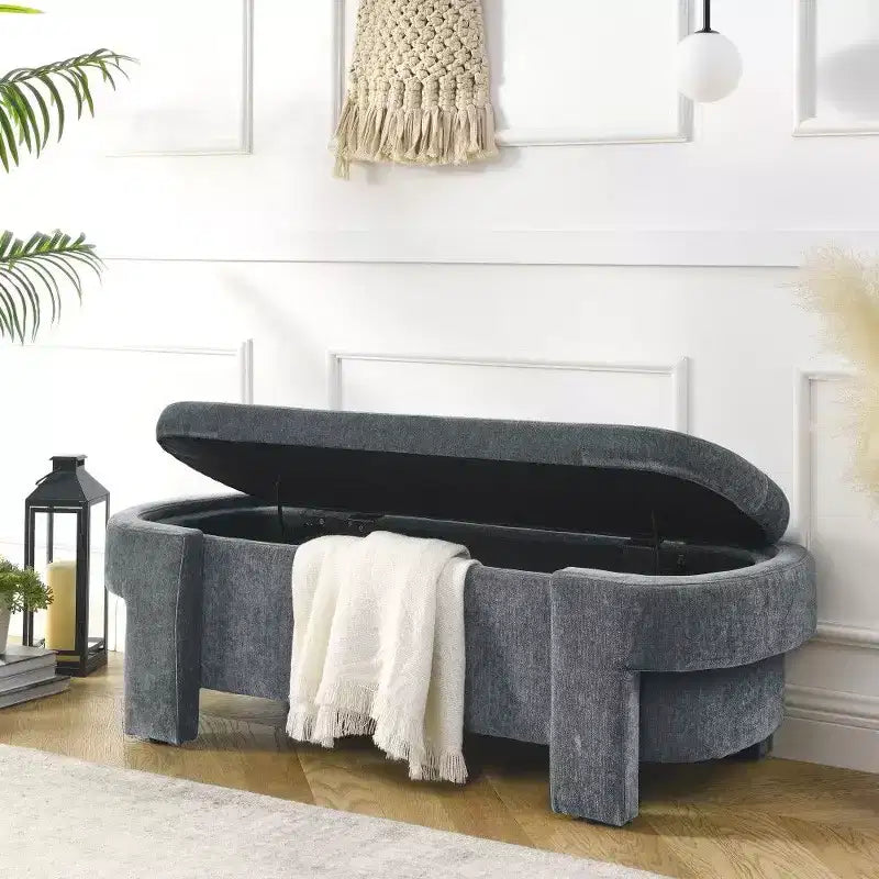 Banc de rangement ovale TUYOHW, banc de bout de lit en lin de 51,5 pouces, ottoman pour salon, chambre, entrée