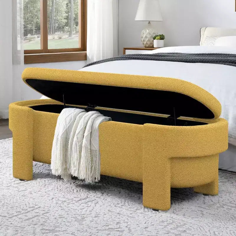 Banc de rangement ovale TUYOHW, banc de bout de lit en lin de 51,5 pouces, ottoman pour salon, chambre, entrée