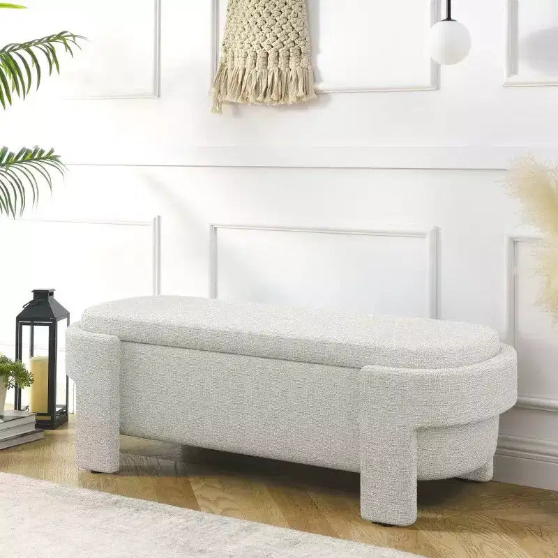 Banc de rangement ovale TUYOHW, banc de bout de lit en lin de 51,5 pouces, ottoman pour salon, chambre, entrée