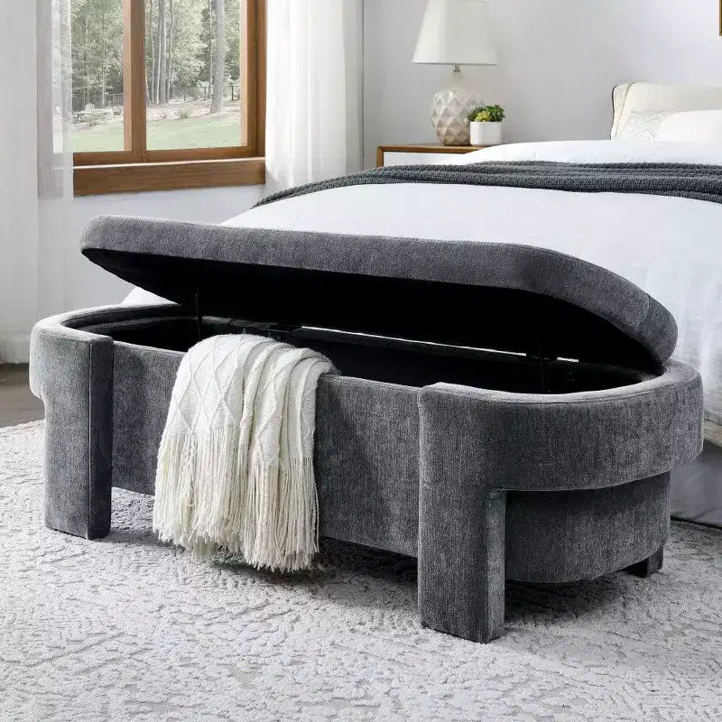 Banc de rangement ovale TUYOHW, banc de bout de lit en lin de 51,5 pouces, ottoman pour salon, chambre, entrée