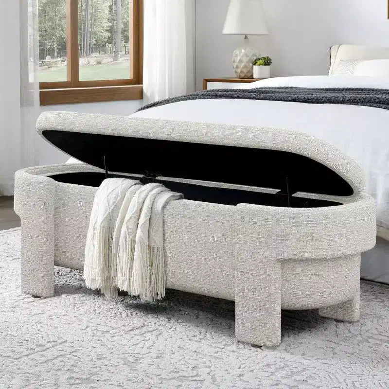 Banc de rangement ovale TUYOHW, banc de bout de lit en lin de 51,5 pouces, ottoman pour salon, chambre, entrée