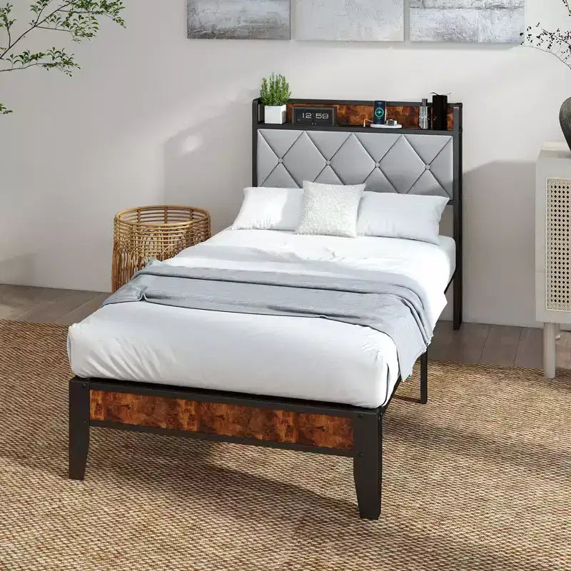 Okak Modern Iron Platform Bed with Charging Port & Storage Headboard,Upholstered Bed Frame for Primary Bedroom