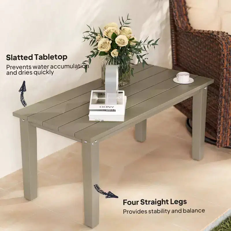 Table basse d'extérieur rectangulaire, table de patio extérieure tout temps en PEHD avec plateau à lattes pour jardin, balcon