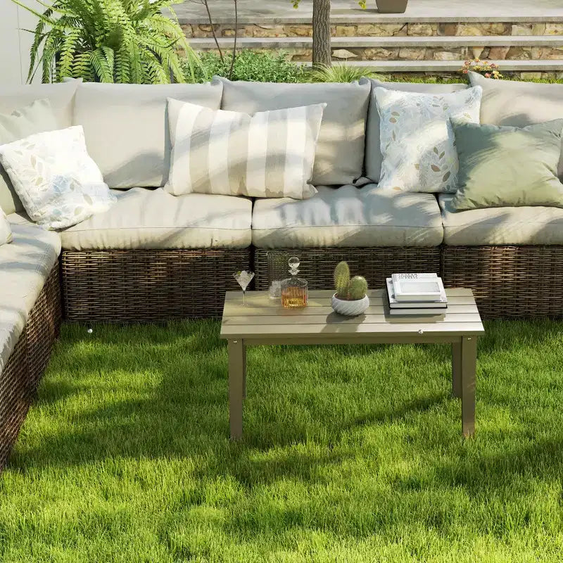 Table basse d'extérieur rectangulaire, table de patio extérieure tout temps en PEHD avec plateau à lattes pour jardin, balcon