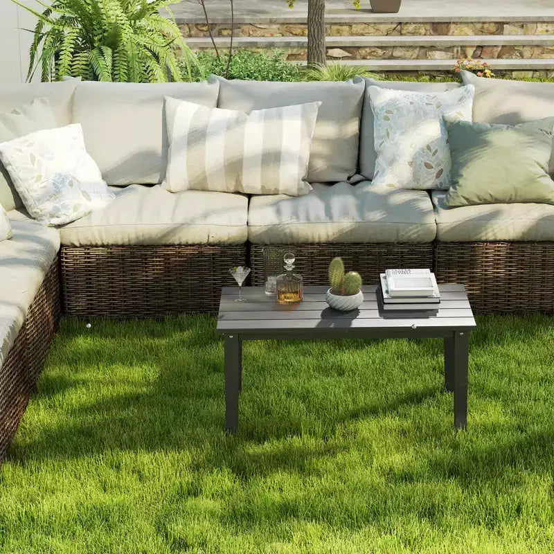 Table basse d'extérieur rectangulaire, table de patio extérieure tout temps en PEHD avec plateau à lattes pour jardin, balcon