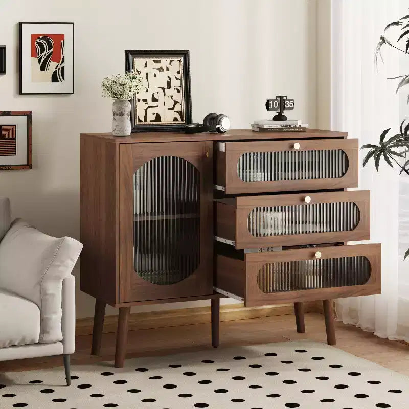GDFStudio Delyra Armoire d'appoint vintage en bois et verre avec 3 tiroirs et 1 porte