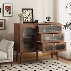 GDFStudio Delyra Armoire d'appoint vintage en bois et verre avec 3 tiroirs et 1 porte