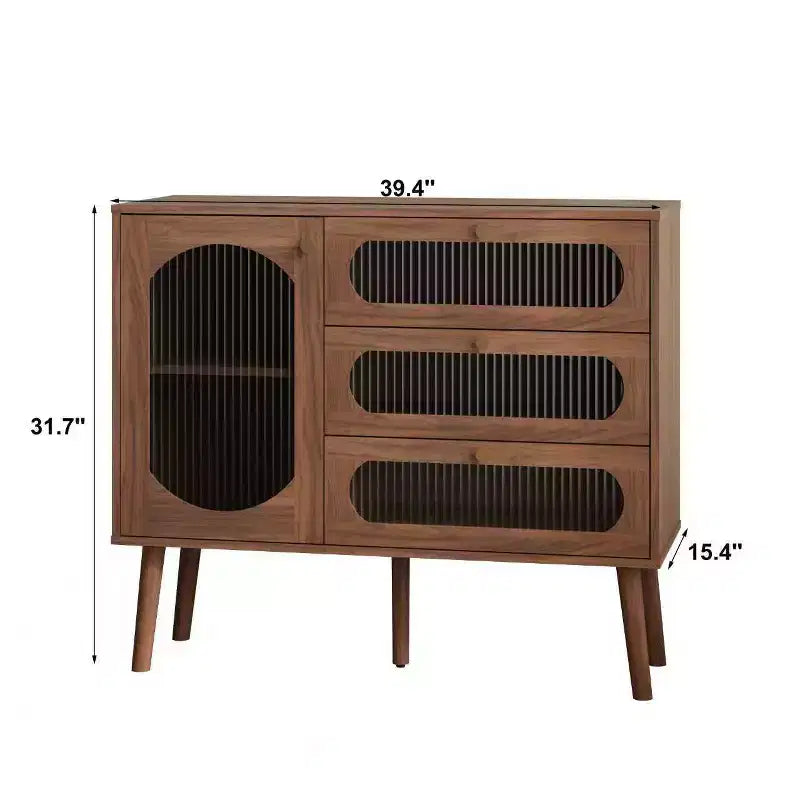 GDFStudio Delyra Armoire d'appoint vintage en bois et verre avec 3 tiroirs et 1 porte