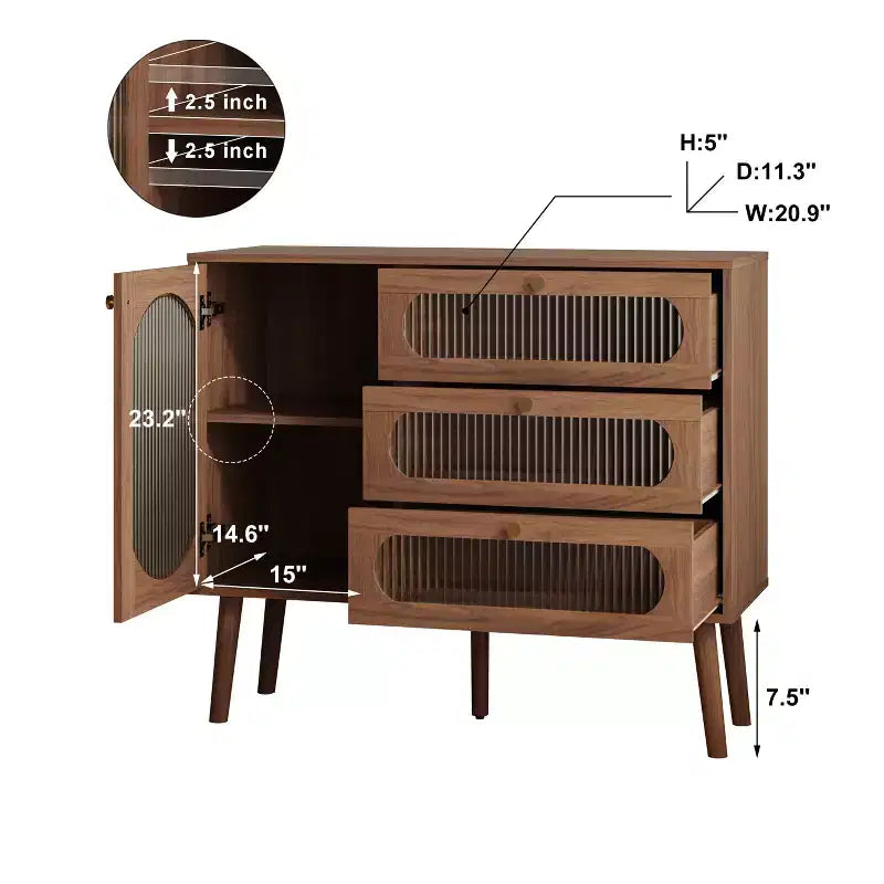GDFStudio Delyra Armoire d'appoint vintage en bois et verre avec 3 tiroirs et 1 porte