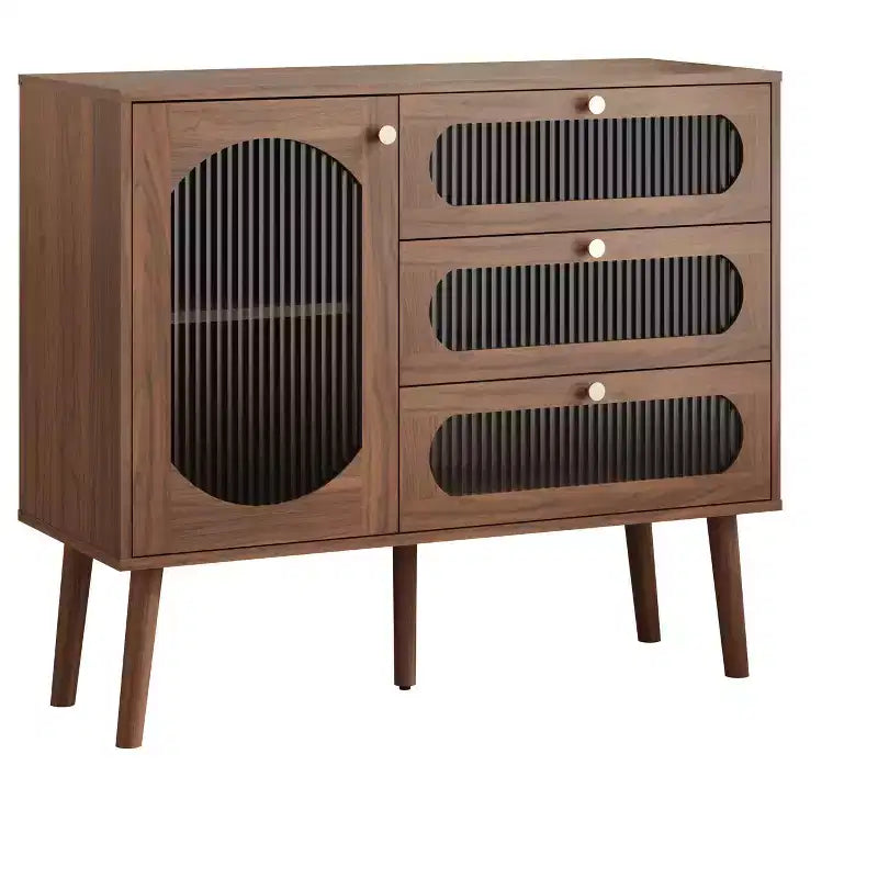 GDFStudio Delyra Armoire d'appoint vintage en bois et verre avec 3 tiroirs et 1 porte