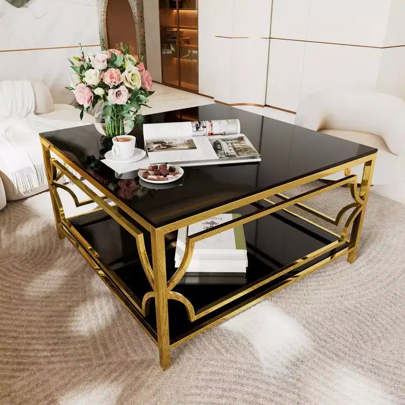 Table basse moderne en verre avec étagère inférieure, table de centre carrée dorée avec rangement pour salon