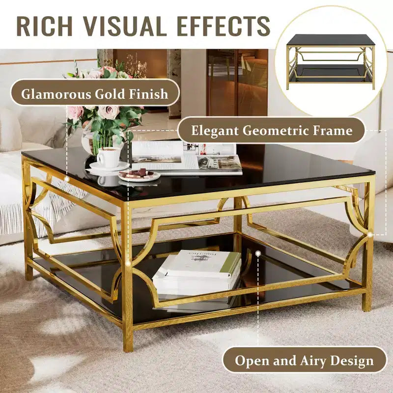 Table basse moderne en verre avec étagère inférieure, table de centre carrée dorée avec rangement pour salon
