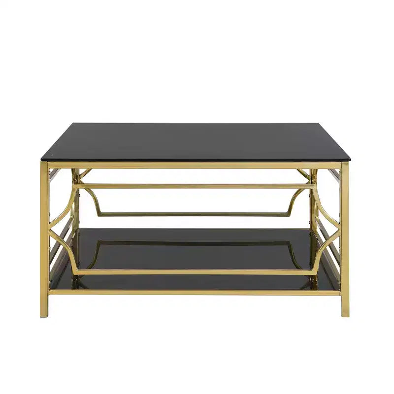 Table basse moderne en verre avec étagère inférieure, table de centre carrée dorée avec rangement pour salon