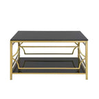 Table basse moderne en verre avec étagère inférieure, table de centre carrée dorée avec rangement pour salon