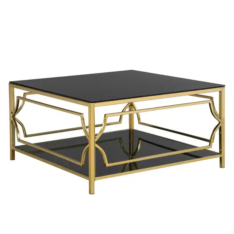 Table basse moderne en verre avec étagère inférieure, table de centre carrée dorée avec rangement pour salon