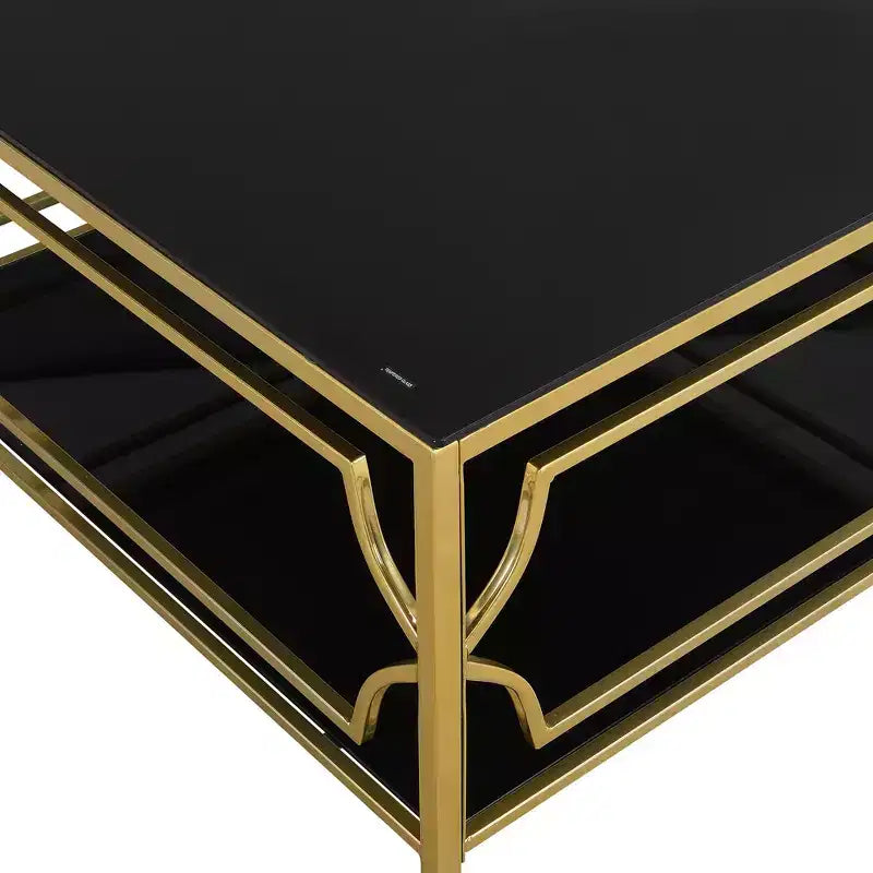 Table basse moderne en verre avec étagère inférieure, table de centre carrée dorée avec rangement pour salon