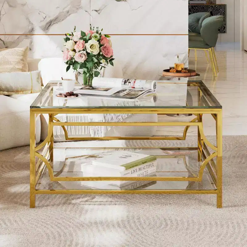 Table basse moderne en verre avec étagère inférieure, table de centre carrée dorée avec rangement pour salon