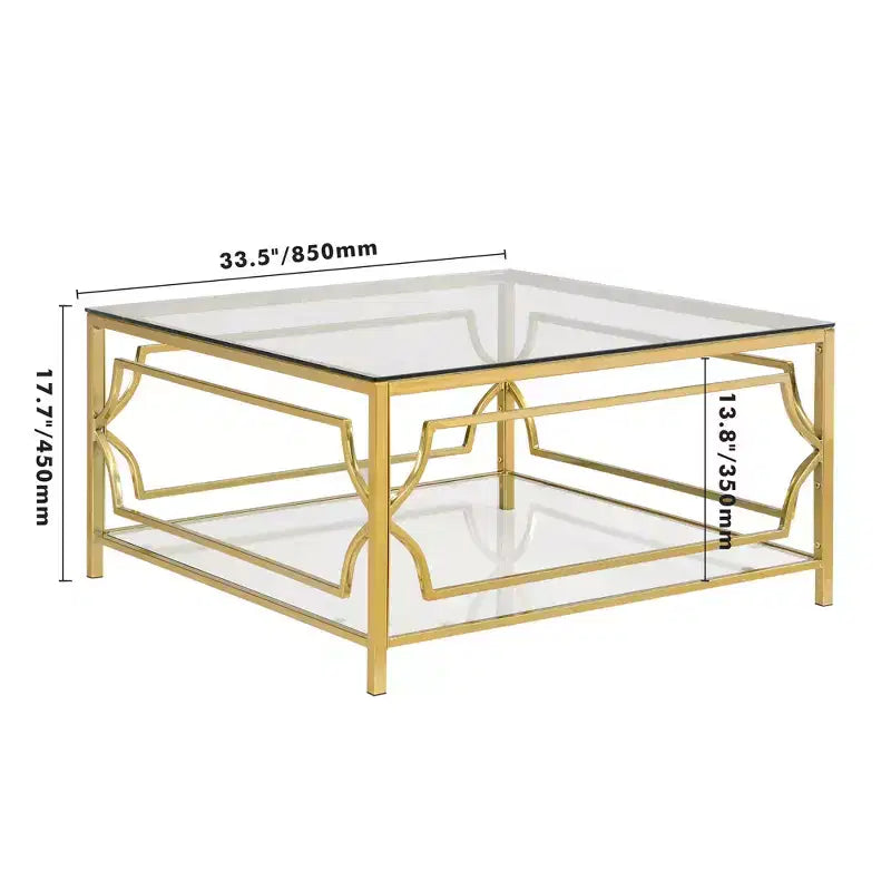 Table basse moderne en verre avec étagère inférieure, table de centre carrée dorée avec rangement pour salon