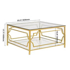 Table basse moderne en verre avec étagère inférieure, table de centre carrée dorée avec rangement pour salon