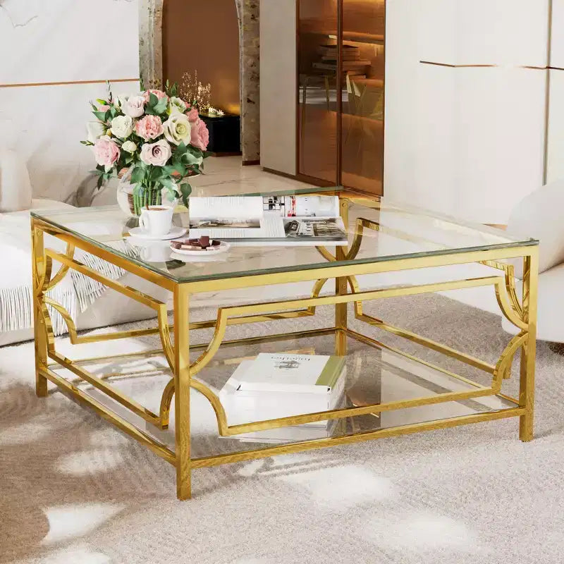 Table basse moderne en verre avec étagère inférieure, table de centre carrée dorée avec rangement pour salon