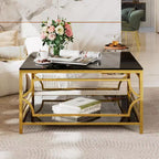Table basse moderne en verre avec étagère inférieure, table de centre carrée dorée avec rangement pour salon