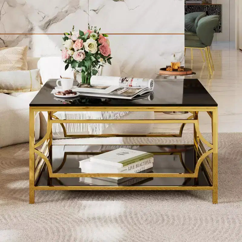 Table basse moderne en verre avec étagère inférieure, table de centre carrée dorée avec rangement pour salon