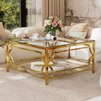 Table basse moderne en verre avec étagère inférieure, table de centre carrée dorée avec rangement pour salon