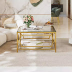 Table basse moderne en verre avec étagère inférieure, table de centre carrée dorée avec rangement pour salon