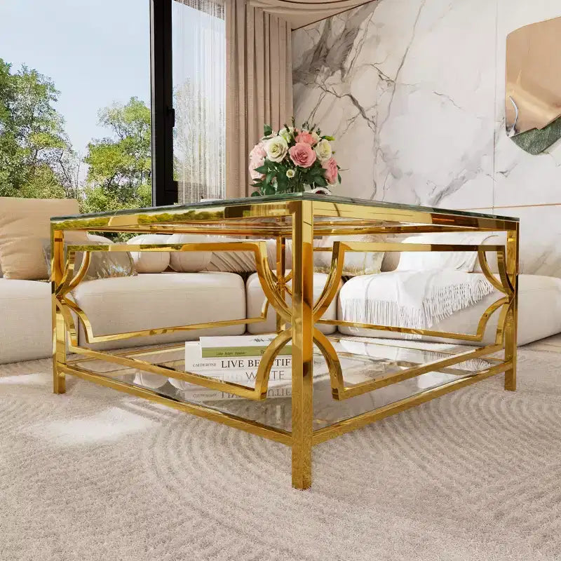 Table basse moderne en verre avec étagère inférieure, table de centre carrée dorée avec rangement pour salon
