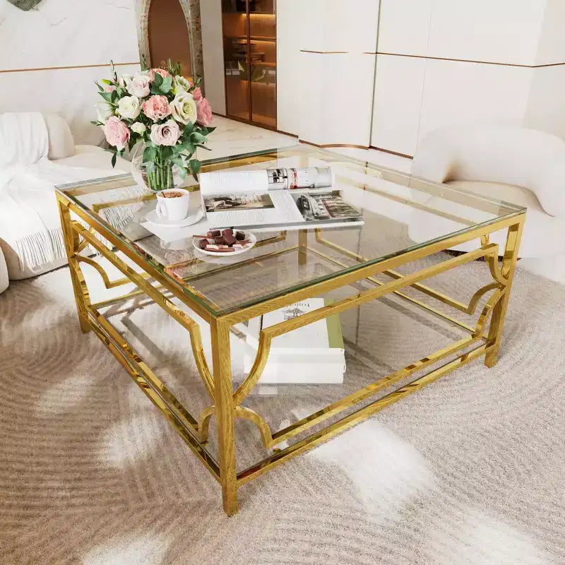 Table basse moderne en verre avec étagère inférieure, table de centre carrée dorée avec rangement pour salon
