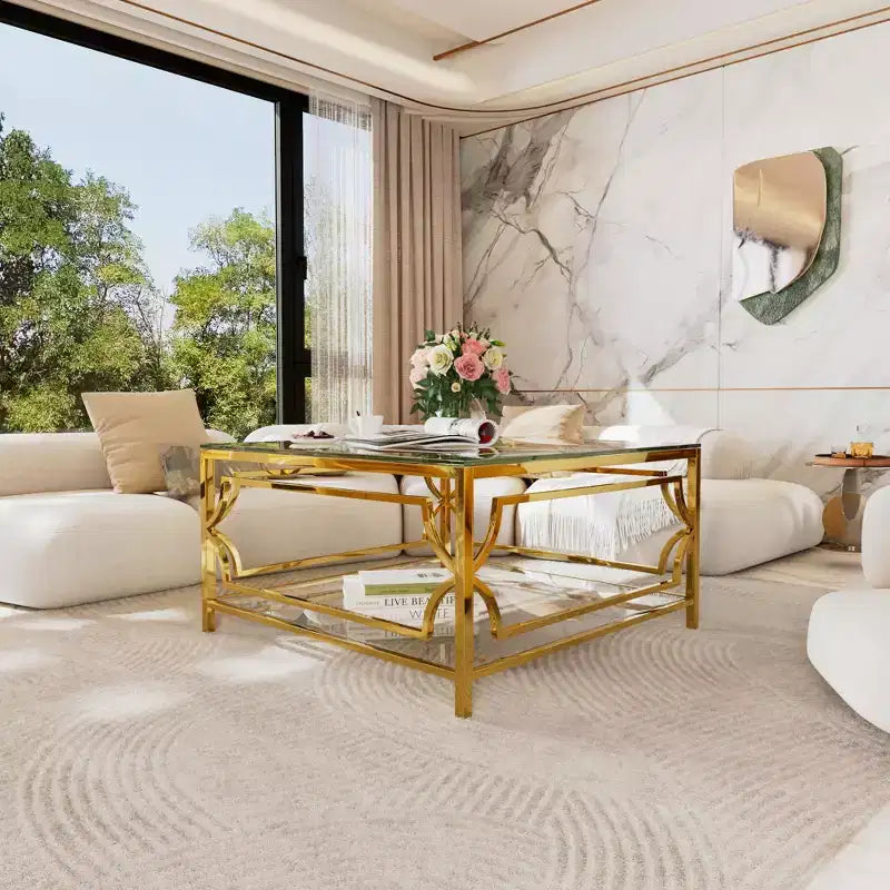 Table basse moderne en verre avec étagère inférieure, table de centre carrée dorée avec rangement pour salon