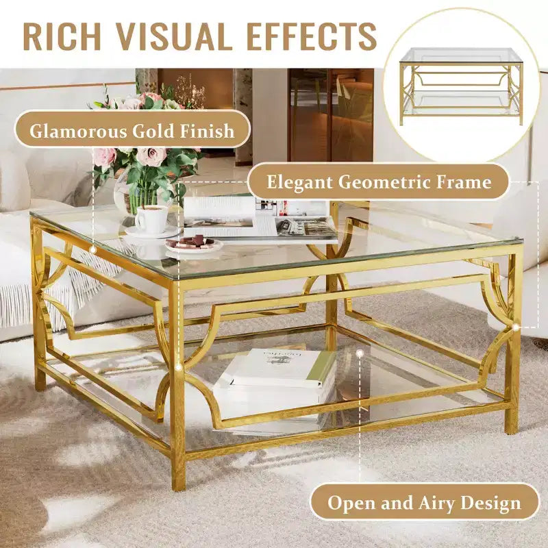 Table basse moderne en verre avec étagère inférieure, table de centre carrée dorée avec rangement pour salon