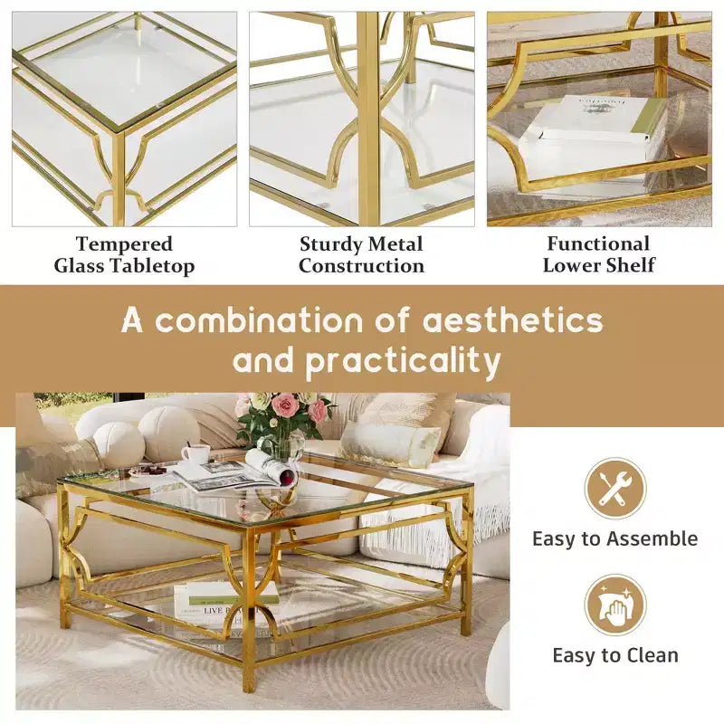 Table basse moderne en verre avec étagère inférieure, table de centre carrée dorée avec rangement pour salon
