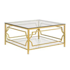 Table basse moderne en verre avec étagère inférieure, table de centre carrée dorée avec rangement pour salon
