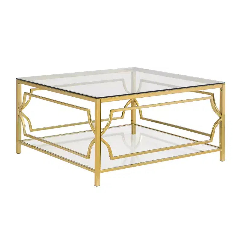 Table basse moderne en verre avec étagère inférieure, table de centre carrée dorée avec rangement pour salon