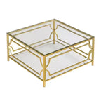 Table basse moderne en verre avec étagère inférieure, table de centre carrée dorée avec rangement pour salon