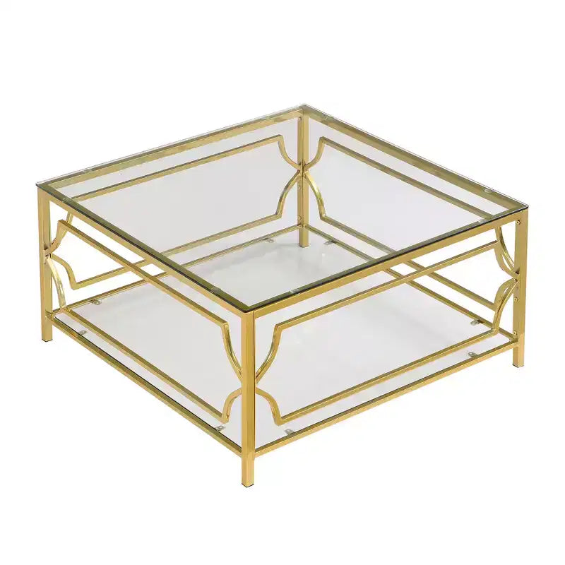 Table basse moderne en verre avec étagère inférieure, table de centre carrée dorée avec rangement pour salon