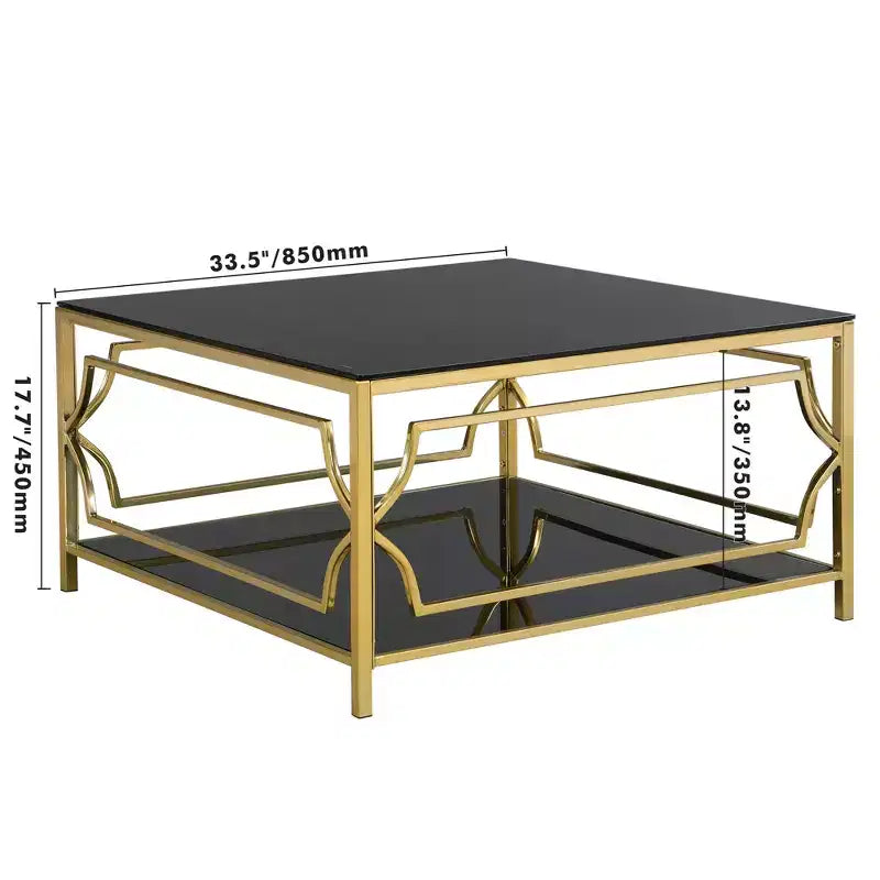 Table basse moderne en verre avec étagère inférieure, table de centre carrée dorée avec rangement pour salon
