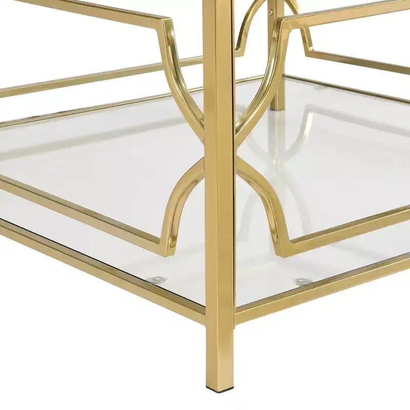 Table basse moderne en verre avec étagère inférieure, table de centre carrée dorée avec rangement pour salon