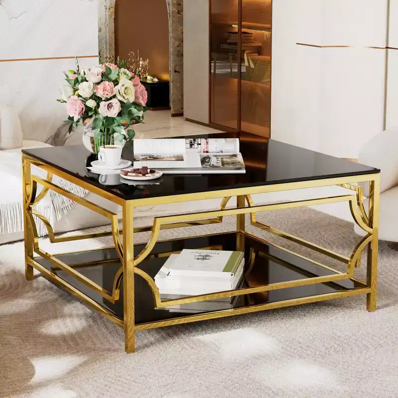 Table basse moderne en verre avec étagère inférieure, table de centre carrée dorée avec rangement pour salon