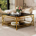 Table basse moderne en verre avec étagère inférieure, table de centre carrée dorée avec rangement pour salon