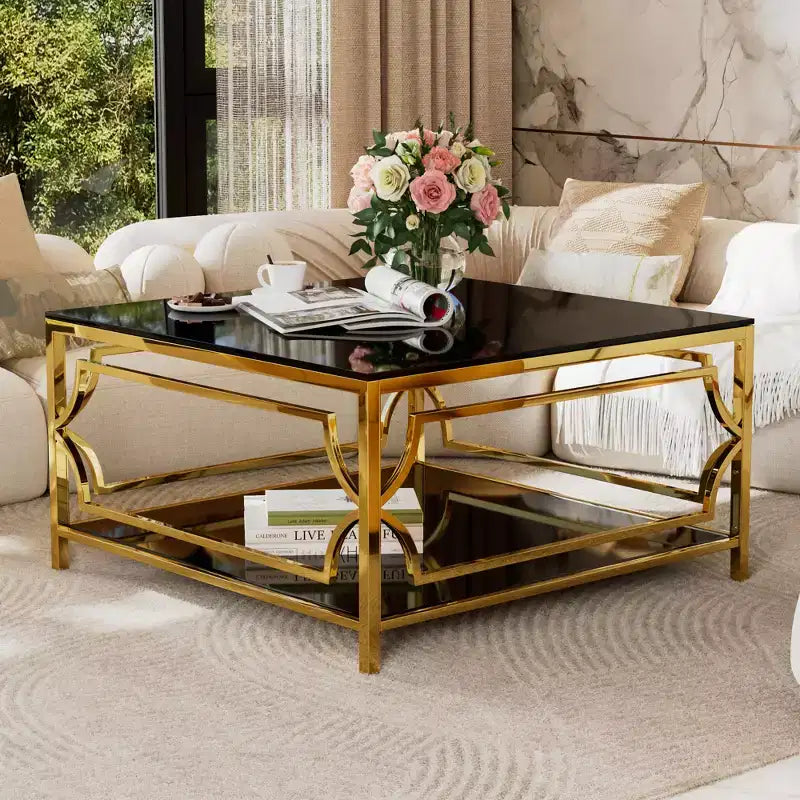 Table basse moderne en verre avec étagère inférieure, table de centre carrée dorée avec rangement pour salon