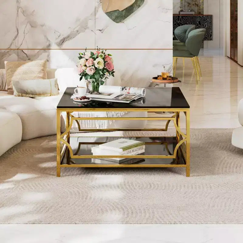 Table basse moderne en verre avec étagère inférieure, table de centre carrée dorée avec rangement pour salon