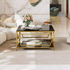 Table basse moderne en verre avec étagère inférieure, table de centre carrée dorée avec rangement pour salon
