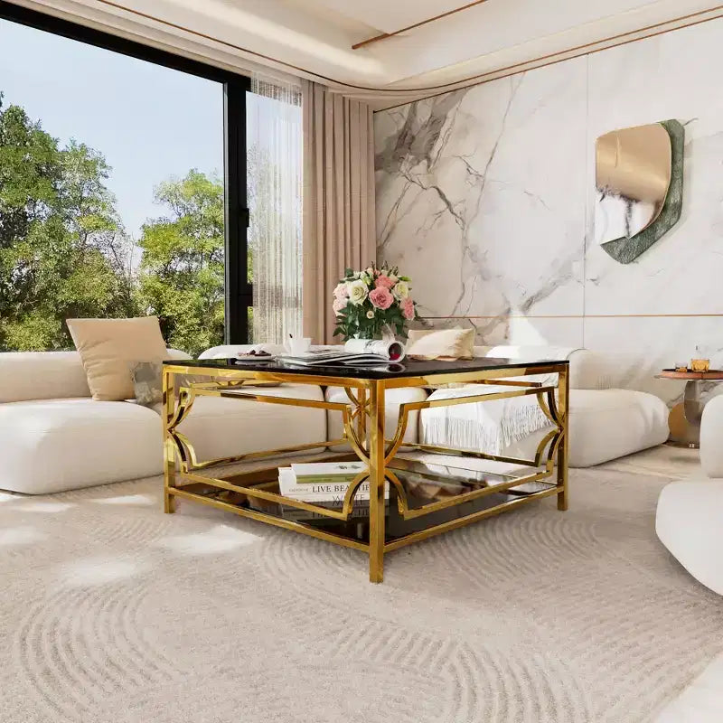 Table basse moderne en verre avec étagère inférieure, table de centre carrée dorée avec rangement pour salon