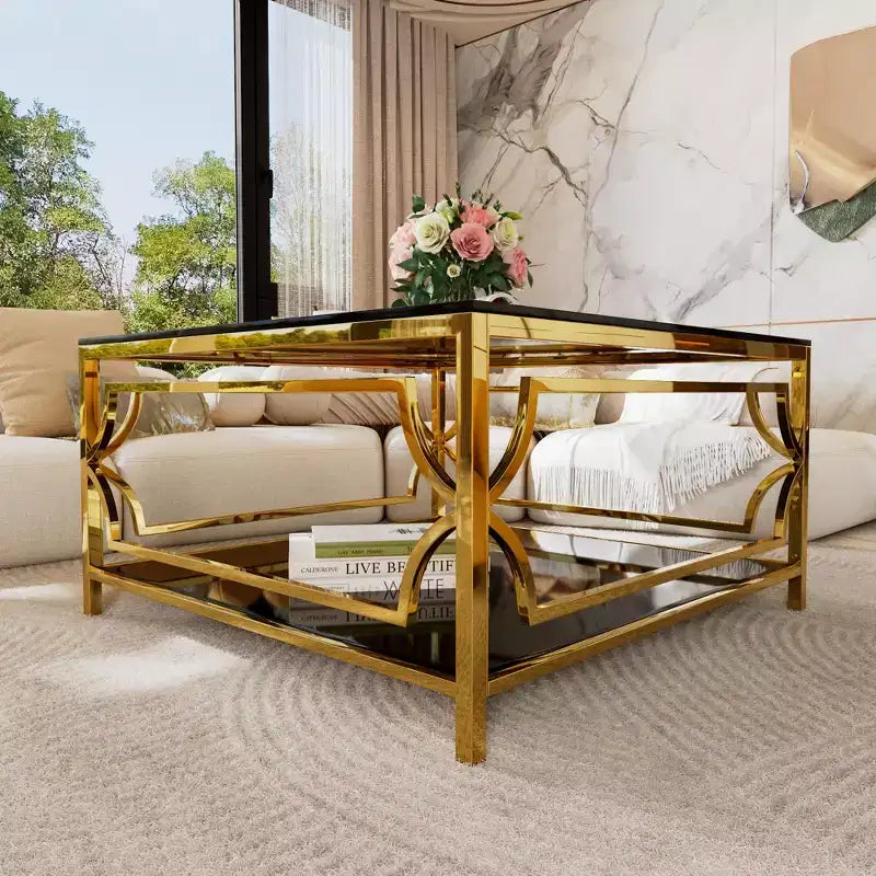 Table basse moderne en verre avec étagère inférieure, table de centre carrée dorée avec rangement pour salon