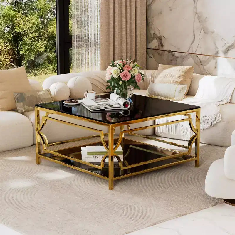 Modern Glass Coffee Table with Lower Shelf, Square Gold Center Table with Storage for Living Room